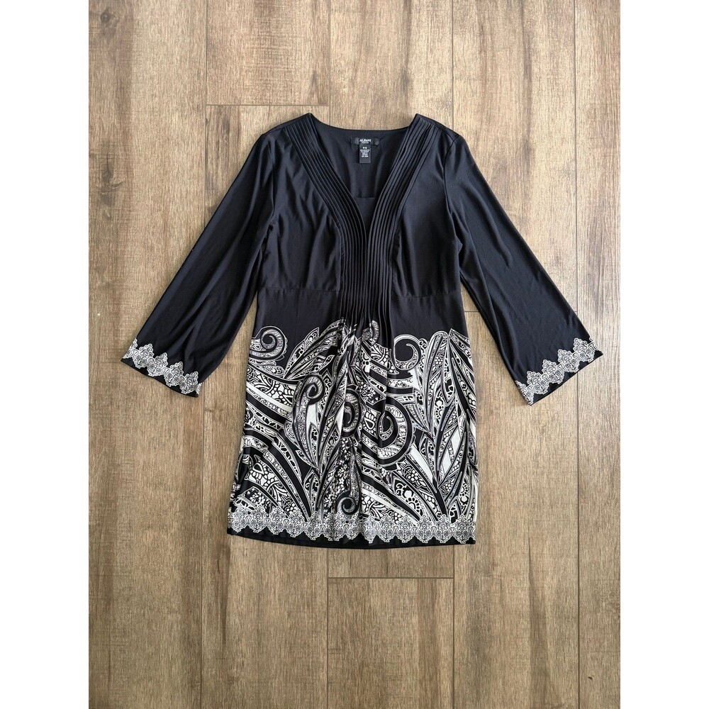 Alfani Black White Paisley Tunic Dress Pintuck V-Neck Bell Sleeve Petite Small